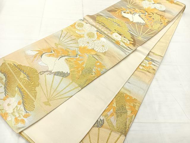 平和屋着物◎六通柄袋帯　唐織　扇面花鳥文　鶴　金銀糸　正絹　逸品　AABE3072uk