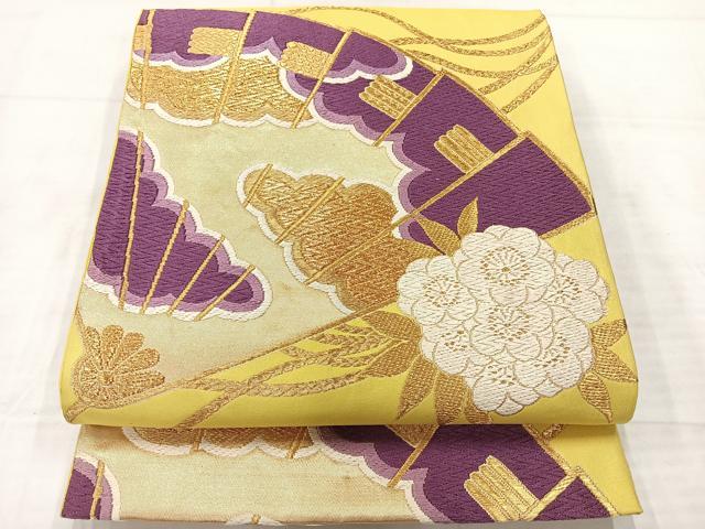 平和屋着物◎六通柄袋帯　唐織　扇面花文　金糸　正絹　逸品　AABE3086uk