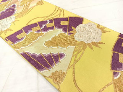 平和屋着物◎六通柄袋帯　唐織　扇面花文　金糸　正絹　逸品　AABE3086uk