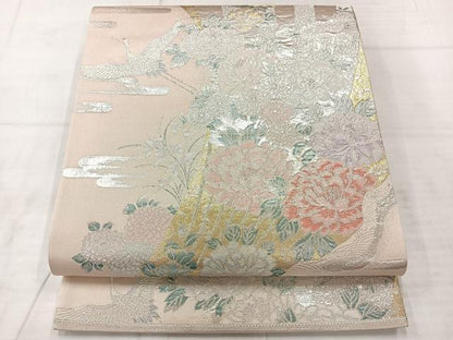 平和屋着物◎六通柄袋帯　薫風彩　飛鶴花文　金銀糸　正絹　逸品　AABE3090uk