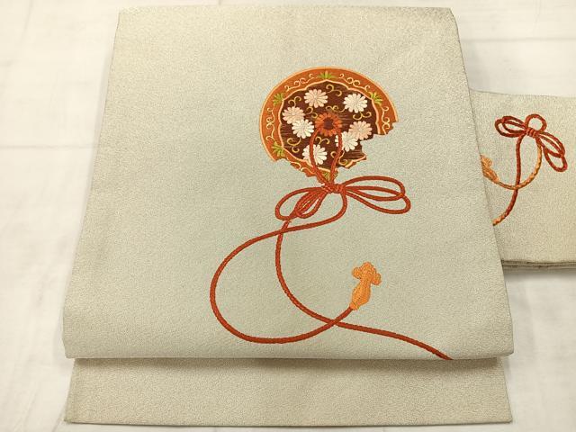 平和屋着物◎綴れ　九寸名古屋帯　総刺繍　鏡裏花文　銀糸　正絹　逸品　AABE3102uk