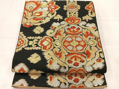 平和屋着物◎六通柄　本袋帯　抽象花文　黒地　金糸　正絹　逸品　AABE3110uk