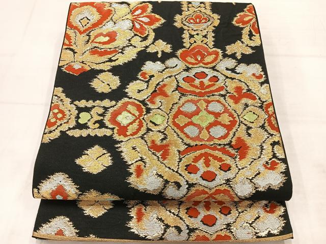 平和屋着物◎六通柄　本袋帯　抽象花文　黒地　金糸　正絹　逸品　AABE3110uk