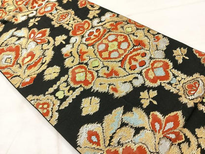 平和屋着物◎六通柄　本袋帯　抽象花文　黒地　金糸　正絹　逸品　AABE3110uk