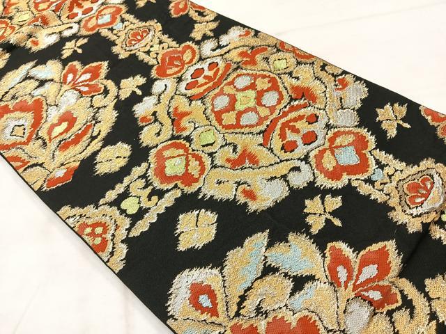平和屋着物◎六通柄　本袋帯　抽象花文　黒地　金糸　正絹　逸品　AABE3110uk