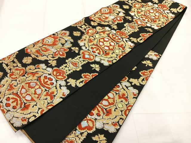 平和屋着物◎六通柄　本袋帯　抽象花文　黒地　金糸　正絹　逸品　AABE3110uk