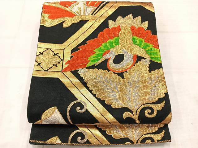 平和屋着物◎六通柄袋帯 唐織 蜀江飛鶴舞蝶文 黒地 金銀糸 正絹 逸品 AABE3131uk