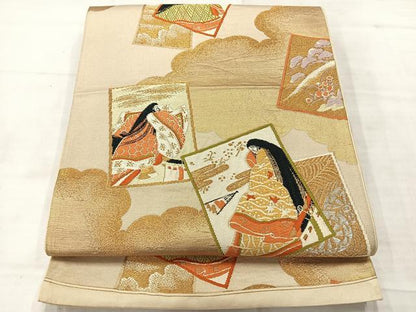 平和屋着物◎六通柄袋帯　雲取り人物文　金糸　正絹　逸品　AABE3181uk