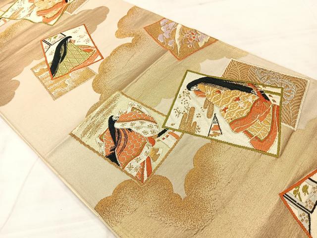 平和屋着物◎六通柄袋帯　雲取り人物文　金糸　正絹　逸品　AABE3181uk