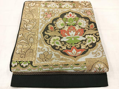 平和屋着物◎六通柄　京袋帯　更紗花文　黒地　金糸　正絹　逸品　AABE3185uk