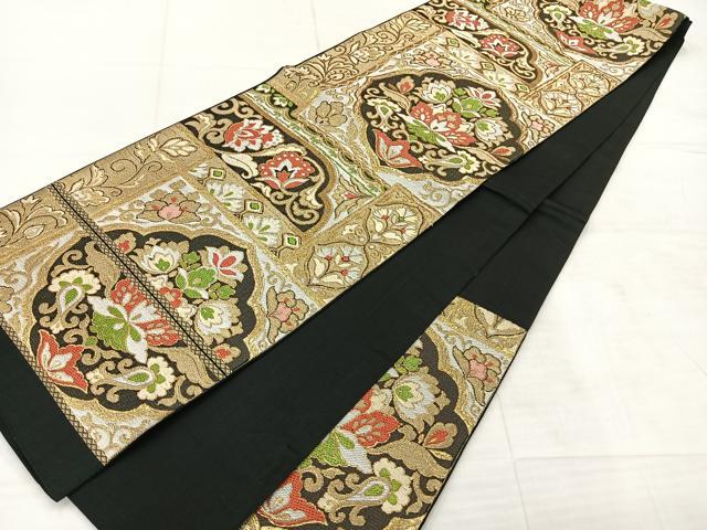 平和屋着物◎六通柄　京袋帯　更紗花文　黒地　金糸　正絹　逸品　AABE3185uk