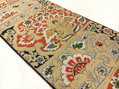平和屋着物◎六通柄袋帯 更紗花文 黒地 金銀糸 正絹 逸品 AABE3186uk