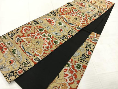 平和屋着物◎六通柄袋帯 更紗花文 黒地 金銀糸 正絹 逸品 AABE3186uk