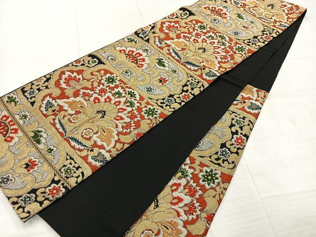 平和屋着物◎六通柄袋帯 更紗花文 黒地 金銀糸 正絹 逸品 AABE3186uk