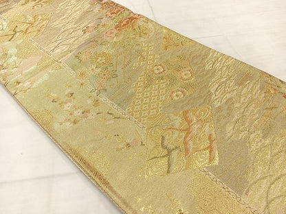 平和屋着物◎佐賀錦 六通柄袋帯 草花文 金糸 正絹 逸品 AABE3190uk