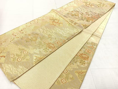 平和屋着物◎佐賀錦 六通柄袋帯 草花文 金糸 正絹 逸品 AABE3190uk