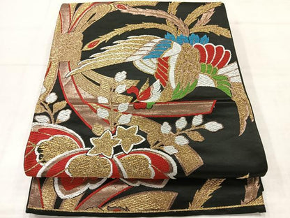 平和屋着物◎六通柄 京袋帯 唐織 鳳凰花文 黒地 金糸 正絹 逸品 AABE3191uk