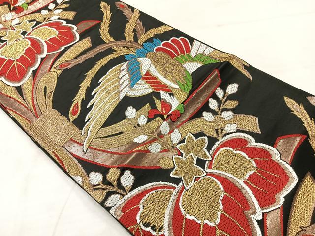 平和屋着物◎六通柄 京袋帯 唐織 鳳凰花文 黒地 金糸 正絹 逸品 AABE3191uk