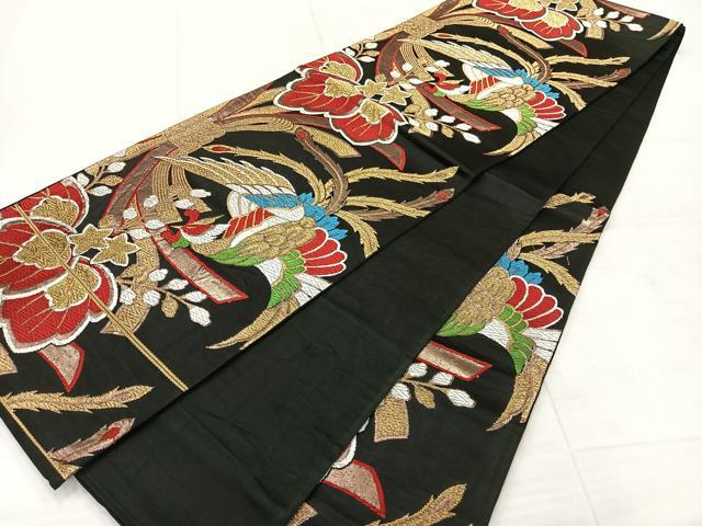 平和屋着物◎六通柄 京袋帯 唐織 鳳凰花文 黒地 金糸 正絹 逸品 AABE3191uk