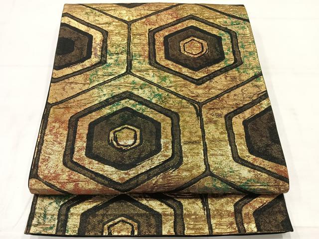 平和屋着物◎六通柄袋帯　亀甲繋ぎ　黒地　金糸　正絹　逸品　AABE3195uk