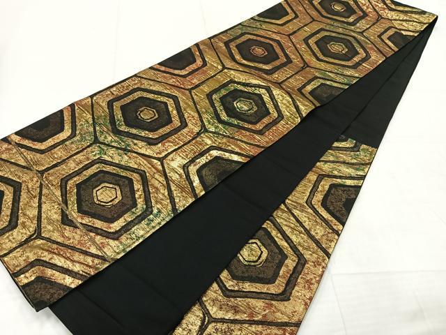 平和屋着物◎六通柄袋帯　亀甲繋ぎ　黒地　金糸　正絹　逸品　AABE3195uk