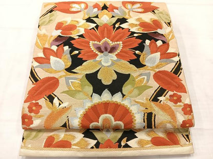 平和屋着物◎六通柄 本袋帯 更紗花文 金銀糸 正絹 逸品 AABE3205uk