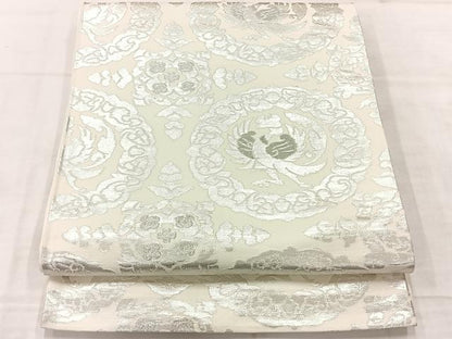 平和屋着物◎六通柄袋帯 花鳥丸文 銀糸 正絹 逸品 AABE3208uk