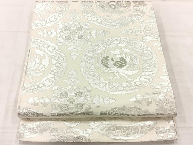 平和屋着物◎六通柄袋帯 花鳥丸文 銀糸 正絹 逸品 AABE3208uk