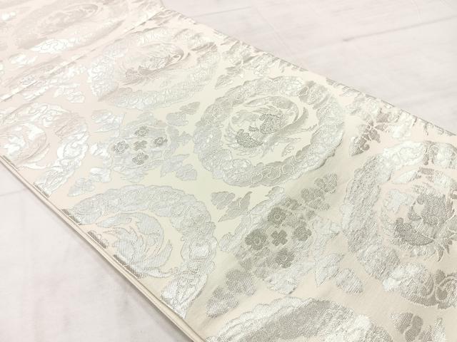 平和屋着物◎六通柄袋帯 花鳥丸文 銀糸 正絹 逸品 AABE3208uk