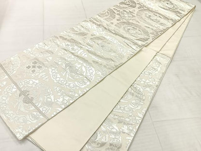 平和屋着物◎六通柄袋帯 花鳥丸文 銀糸 正絹 逸品 AABE3208uk