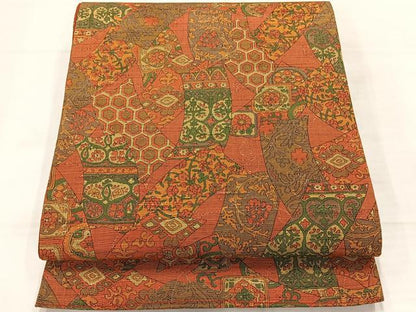 平和屋着物◎全通柄袋帯　短冊花文　正絹　逸品　AABE3211uk