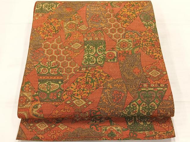 平和屋着物◎全通柄袋帯　短冊花文　正絹　逸品　AABE3211uk