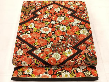 平和屋着物◎六通柄袋帯　唐織　松川菱花文　金糸　正絹　逸品　AABE3212uk