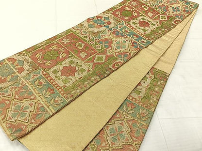 平和屋着物◎佐賀錦　六通柄袋帯　花唐草文　金糸　正絹　逸品　AABE3234uk