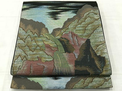 平和屋着物◎六通柄袋帯　遠山風景文　黒地　金糸　正絹　逸品　AABE3235uk