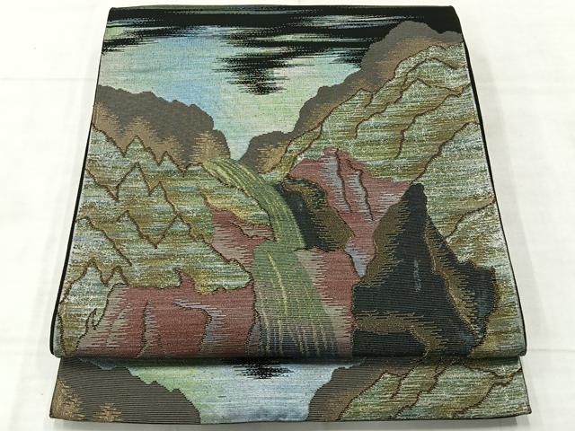 平和屋着物◎六通柄袋帯　遠山風景文　黒地　金糸　正絹　逸品　AABE3235uk