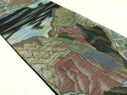 平和屋着物◎六通柄袋帯　遠山風景文　黒地　金糸　正絹　逸品　AABE3235uk