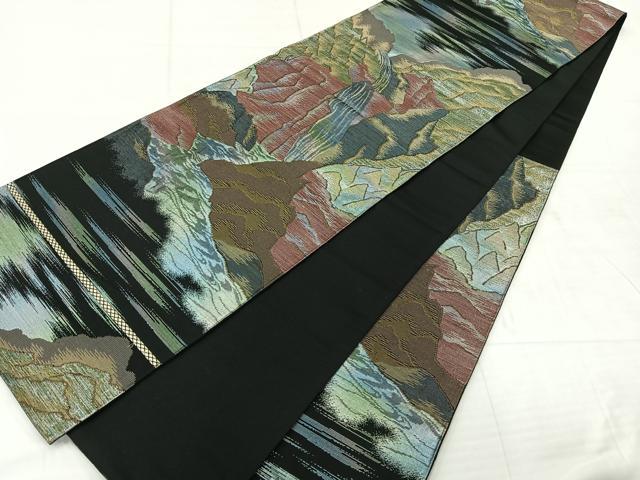 平和屋着物◎六通柄袋帯　遠山風景文　黒地　金糸　正絹　逸品　AABE3235uk