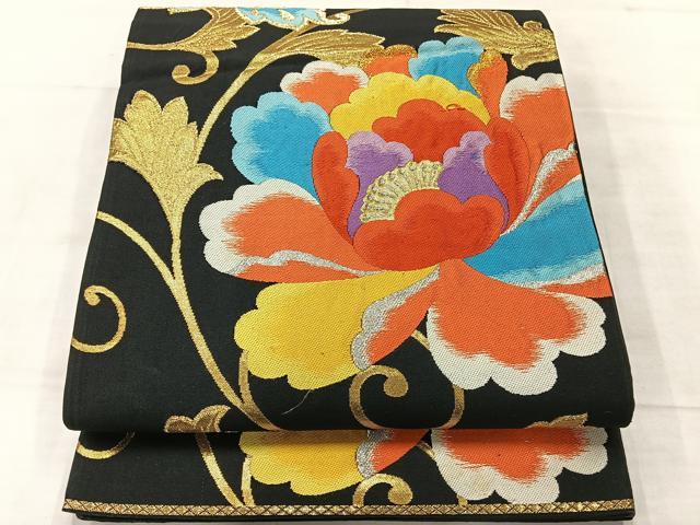 平和屋着物◎六通柄袋帯　更紗花蝶文　黒地　金銀糸　正絹　逸品　AABE3237uk