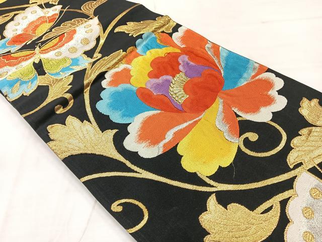 平和屋着物◎六通柄袋帯　更紗花蝶文　黒地　金銀糸　正絹　逸品　AABE3237uk