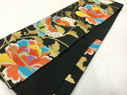 平和屋着物◎六通柄袋帯　更紗花蝶文　黒地　金銀糸　正絹　逸品　AABE3237uk