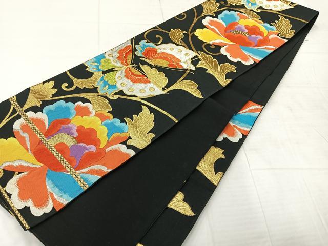 平和屋着物◎六通柄袋帯　更紗花蝶文　黒地　金銀糸　正絹　逸品　AABE3237uk