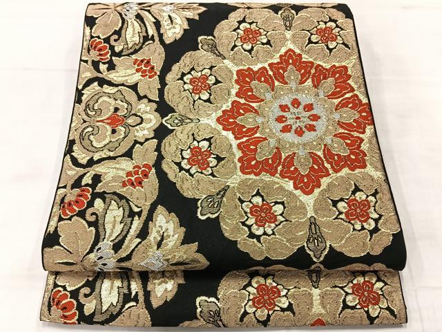 平和屋着物◎六通柄　本袋帯　更紗花文　黒地　金銀糸　正絹　逸品　AABE3238uk