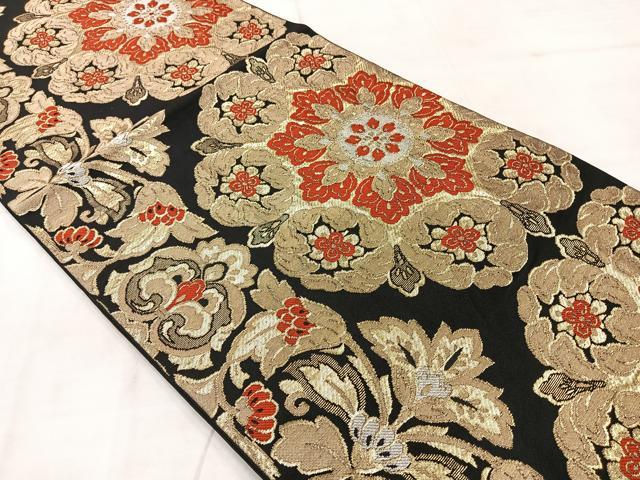 平和屋着物◎六通柄　本袋帯　更紗花文　黒地　金銀糸　正絹　逸品　AABE3238uk