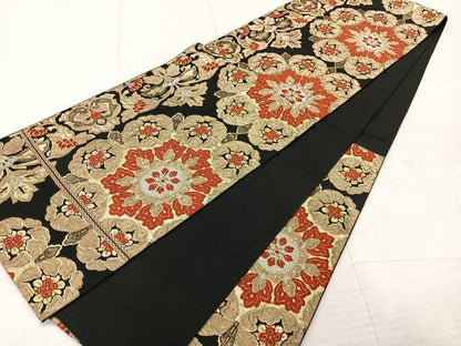 平和屋着物◎六通柄　本袋帯　更紗花文　黒地　金銀糸　正絹　逸品　AABE3238uk