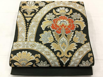 平和屋着物◎六通柄袋帯　更紗花文　黒地　金糸　正絹　逸品　AABE3239uk