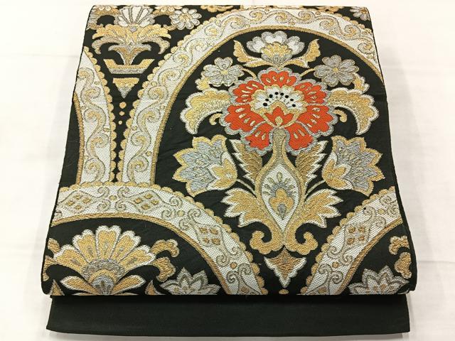 平和屋着物◎六通柄袋帯　更紗花文　黒地　金糸　正絹　逸品　AABE3239uk