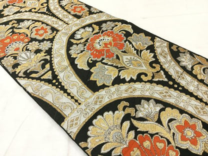 平和屋着物◎六通柄袋帯　更紗花文　黒地　金糸　正絹　逸品　AABE3239uk