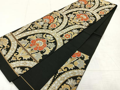 平和屋着物◎六通柄袋帯　更紗花文　黒地　金糸　正絹　逸品　AABE3239uk