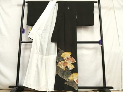 平和屋着物■豪華黒留袖 駒刺繍 扇面鳳凰花文 金彩 正絹 逸品 AABE3259oa